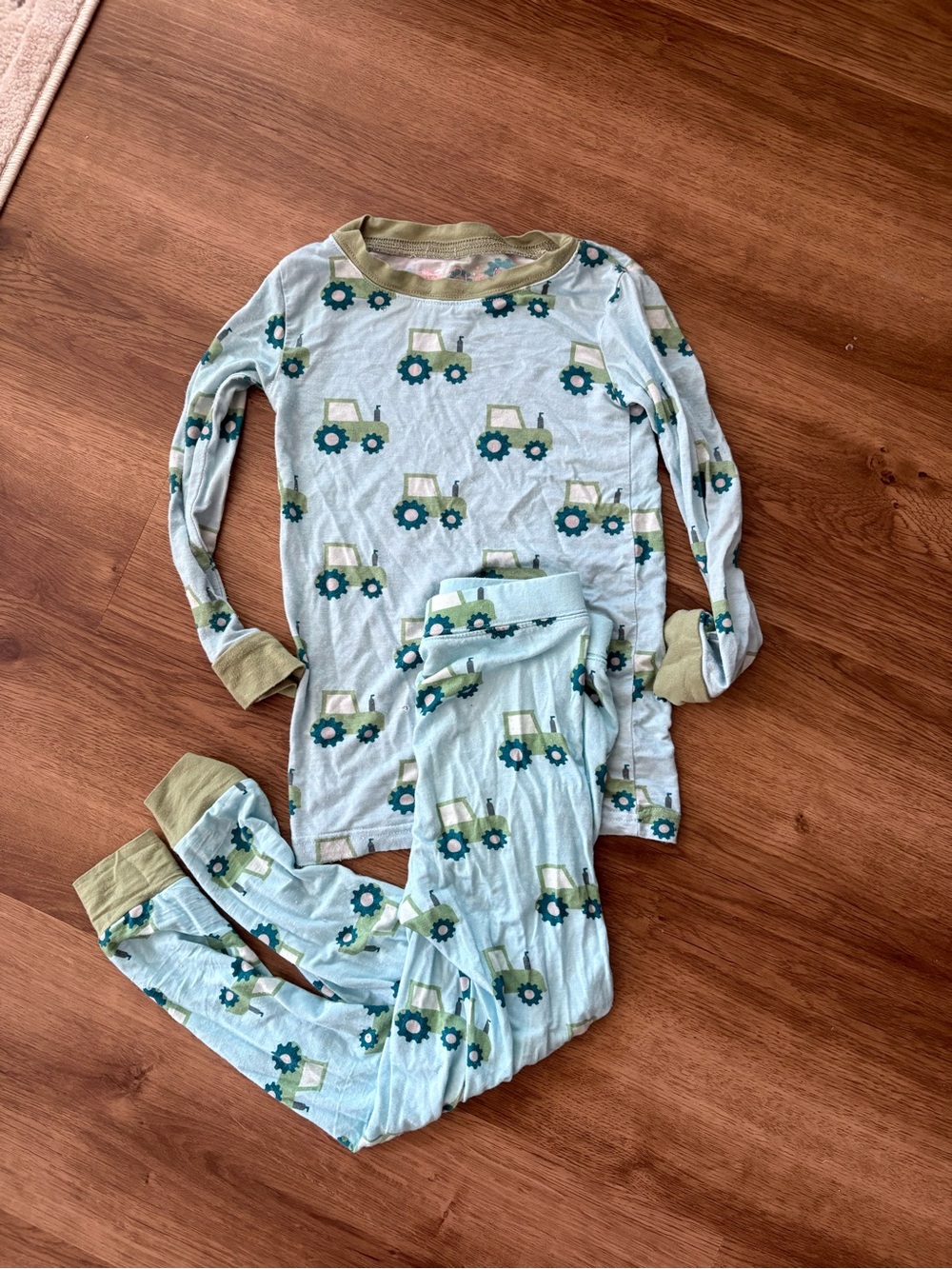 Light Blue Tractor Print Kids Pajama Set with Green Trim